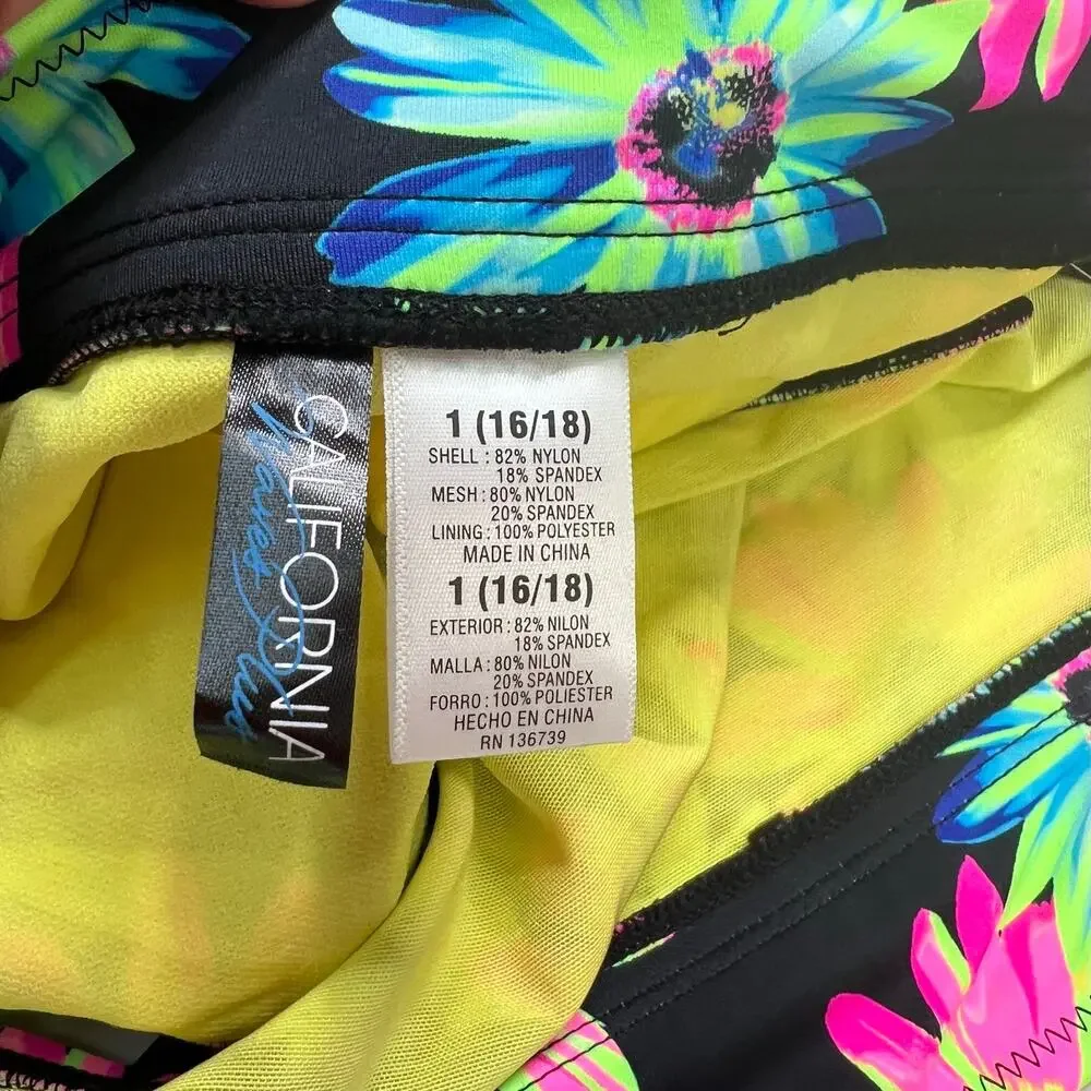 California Waves Gerber Daisy High Wasit Banded Bikini Bottoms Plus Sz 1 (16/18)